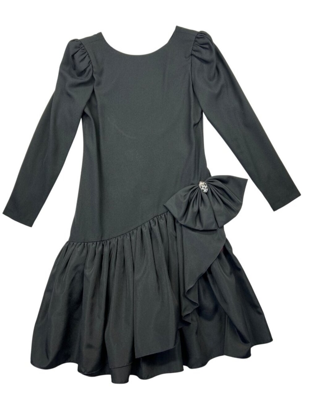 Vintage Huey Waltzer for Darcy Cocktail Dress Sz M Black Ruffles Bow Retro 80s